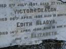 
Frank RAYMOND,
died 12 Aug 1891 aged 46 years;
Elizabeth,
wife,
died 22 Feb 1908 aged 59 years;
children;
William Stanwell,
died 11 July 1897 aged 27 years;
Victor Deagon,
died 26 April 1882 aged 18 months;
Edith Gladys,
died 14 April 1886 aged 18 months;
Elizabeth,
relict of William RAYMOND,
of Weston Dorset England,
mother of Frank RAYMOND,
born 23 April 1823,
died 23 Aug 1914?;
Millicent RAYMOND,
died 2 July 1931 aged 63 years;
Catherine Ann,
wife of William GIRLING,
died 14 Nov 1865 aged 21 years;
Mary Smith DEAGON,
died 27 Nov 1866 aged 20 years;
Bald Hills (Sandgate) cemetery, Brisbane

