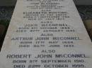 
Amelia Elizabeth,
wife of John MCCONNEL,
of Durundur,
born 3 Dec 1827,
died 2 June 1877;
Elizabeth BUNTING,
mother,
born 7 Sept 1792,
died 1 July 1877;
John MCCONNEL,
born 3 Oct 1806
died 27 Jan 1899;
Arthur John MCCONNEL,
born 17 May 1856,
died 20 June 1937;
Robert John MCCONNEL,
born 5 Sept 1910
died 22 Oct 1999;
Bald Hills (Sandgate) cemetery, Brisbane
