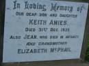 
Keith AMIES,
son,
died 31 Dec 1939;
Jean,
daughter,
died in infancy;
Elizabet MCPHAIL,
grandmother;
Bald Hills (Sandgate) cemetery, Brisbane
