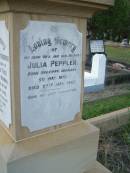 
Julia PEPPLER,
wife mother,
born Hagenow Germany 5 May 1857,
died 27 Aug 1927;
Eric Amadeus Frederick,
husband of Fanny Julia TIDD,
father of Norma,
born Kogarah NSW 16 March 1892,
accidentally killed 15 April 1927;
Arthur CORTEN,
??? of Paul & Julia PEPPLER,
born 19 Sept 1914,
died 18 Feb 1918;
Bald Hills (Sandgate) cemetery, Brisbane
