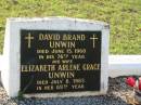 
David Brand UNWIN,
died 15 June 1960 in 76th year;
Elizabeth Arlene Grace UNWIN,
died 8 July 1985 in 89th year;
Douglas Brand UNWIN,
died 24 May 1997 in 74th year;
Bald Hills (Sandgate) cemetery, Brisbane
