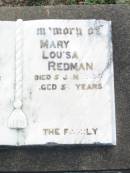 
William Frederick REDMAN,
died 15 Feb 1943 aged 66 years;
Mary Louisa REDMAN,
died 5 Jan 1936 aged 54 years;
Bald Hills (Sandgate) cemetery, Brisbane
