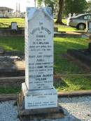 
Annie,
wife of W.A. WILSON,
born 22 April 1855,
died 10 Feb 1927;
Mary Jane Stuart ABELL,
infant granddaughter of W.A. & Annie WILSON,
died 11 March 1933;
William Albert WILSON,
born Barnsley Yorkshire England 7 Nov 1855,
died Sandgate 24 June 1943;
Mary,
eldest daughter of W.A. & Annie WILSON,
born Tarong Station 6 Sept 1879,
died Brisbane 12 July 1949;
Evelyn A. WILSON,
daughter of W.A. & A. WILSON,
1884 - 1986;
Alice,
wife of Harold B. WILSON,
died 20 July 1936 aged 35 years;
Bald Hills (Sandgate) cemetery, Brisbane
