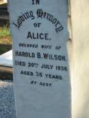 
Annie,
wife of W.A. WILSON,
born 22 April 1855,
died 10 Feb 1927;
Mary Jane Stuart ABELL,
infant granddaughter of W.A. & Annie WILSON,
died 11 March 1933;
William Albert WILSON,
born Barnsley Yorkshire England 7 Nov 1855,
died Sandgate 24 June 1943;
Mary,
eldest daughter of W.A. & Annie WILSON,
born Tarong Station 6 Sept 1879,
died Brisbane 12 July 1949;
Evelyn A. WILSON,
daughter of W.A. & A. WILSON,
1884 - 1986;
Alice,
wife of Harold B. WILSON,
died 20 July 1936 aged 35 years;
Bald Hills (Sandgate) cemetery, Brisbane
