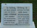 
James STEPHENSON,
husband father,
died suddenly 10 Dec 1930 aged 73 years;
Ann Jane STEPHENSON,
mother,
died Sandgate 23 June 1948 aged 88 years;
Percy John Worrall STEPHENSON,
died 6 Feb 1950 aged 61 years;
Oscar James STEPHENSON,
died 23 July 1966 aged 80 years;
Bald Hills (Sandgate) cemetery, Brisbane
