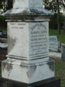 
Samuel LANG,
husband of Salome Ann LANG,
died 2 Feb 1917 aged 77 years,
settled Bald Hills 1866;
Bald Hills (Sandgate) cemetery, Brisbane

