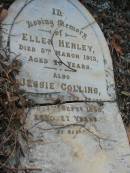 
Ellen HENLEY,
died 5 March 1913 aged 70 years;
Jessie COLLINS,
daughter,
died 7 Sept 1895 aged 27 years;
Bald Hills (Sandgate) cemetery, Brisbane

