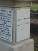
John STEPHENSON,
died 6 Oct 1902 aged 78 years;
Jane,
wife,
died 15 Dec 1907 aged 85 years;
John William,
son
died 4 Jan 1916 aged 54 years;
Bald Hills (Sandgate) cemetery, Brisbane
