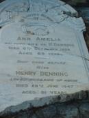 
Ann Amelia,
wife of H. DENNING,
died 6 Dec 1924 aged 69 years;
Henry DENNING,
husband,
died 28 June 1937 aged 91 years;
Elspeth,
daughter of C. & A. DENNING,
died 13 Dec 1924 aged 11 weeks;
Bald Hills (Sandgate) cemetery, Brisbane
