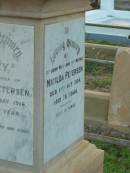 
Mads C. PETERSEN,
faher,
died 17 July 1946 aged 91 years;
Lilley,
daughter of M.C. & M. PETERSEN,
died 4 May 1916 in 25th year;
Matilda PETERSEN,
wife mother,
died 17 Oct 1934 aged 75 years;
Bald Hills (Sandgate) cemetery, Brisbane
