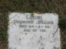 
Desmond William Leight
died 24-2-68 aged 52

Sherwood (Anglican) Cemetery, Brisbane
