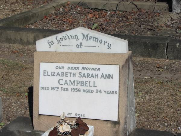 Elizabeth Sarah Ann Campbell 26 Feb 1956 aged 94  | Anglican Cemetery, Sherwood.  |   | 