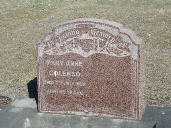 Mary Anne Colenso 7 Jul 1954 aged 85  | Anglican Cemetery, Sherwood.  |   | 