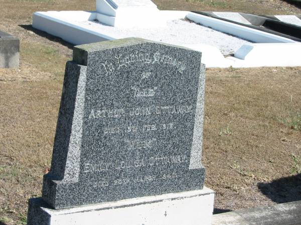Arthus John Ottaway  | died 15 Feb 1916  | Emily Louisa Ottaway  | died 20 Mar 1940  | Anglican Cemetery, Sherwood.  |   |   | 