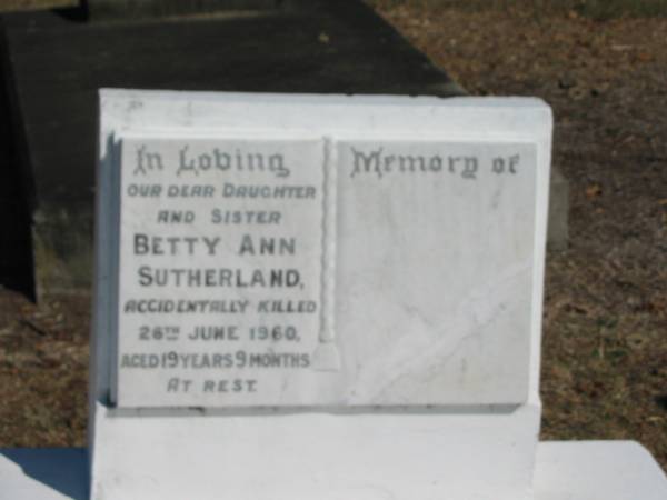 Betty Ann Sutherland 26 Jun 1960 aged 19 years 9 Months  | Anglican Cemetery, Sherwood.  |   |   | 