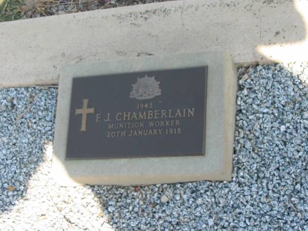1943  | F J Chamberlain  | Munition worker  | 20 Jan 1918  | Anglican Cemetery, Sherwood.  |   |   | 