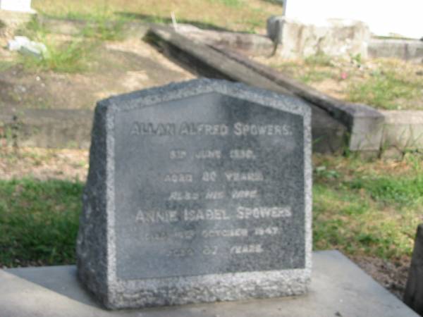 Allan Alfred Spowers  | 3rd Jun 1938?  | Aged 80 years  | also his wife  | Annie Isabel Spowers  | 14th? October 1947  | aged 87 years  | Sherwood (Anglican) Cemetery, Brisbane  |   | 