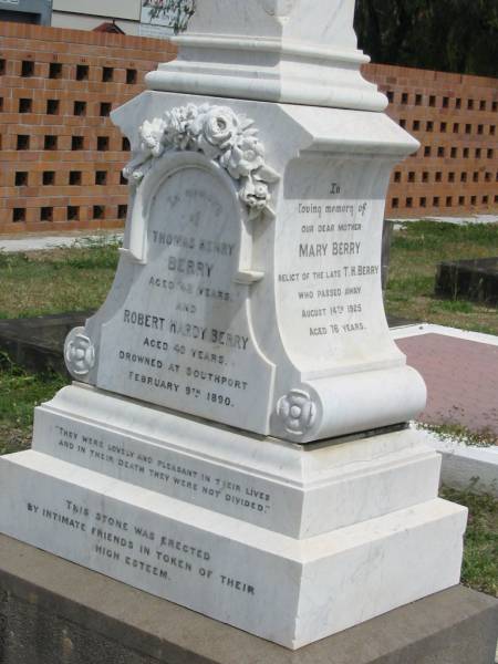 Mary Berry  | Relict of T.H. Berry  | Aug 14 1925 aged 76  |   | Sherwood (Anglican) Cemetery, Brisbane  | 