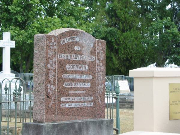 Elsie Mary Frances Goodwin  | 3rd Sep 1974 aged 83  |   | Sherwood (Anglican) Cemetery, Brisbane  | 