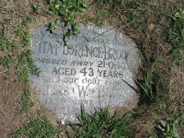 Rita Florence Brooker  | 21-9-1977 aged 43 years  | Lucas W Brooker  | 4-2-1998 aged 68  |   | Sherwood (Anglican) Cemetery, Brisbane  | 