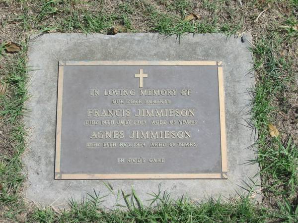 Francia Jimmieson  | 14 Jul 1969 aged 65  | Agnes Jimmieson  | 17 Nov 1974 aged 68  |   | Sherwood (Anglican) Cemetery, Brisbane  | 