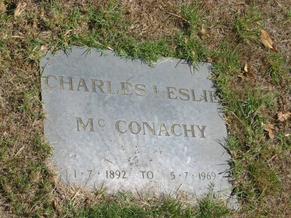 Charles Leslie McConachy  | 1-7-1892 to 5-7-1969  |   | Sherwood (Anglican) Cemetery, Brisbane  | 