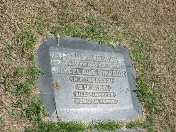 Joan Elaine Simpson  | 18-8-65 aged 39  |   | Sherwood (Anglican) Cemetery, Brisbane  | 