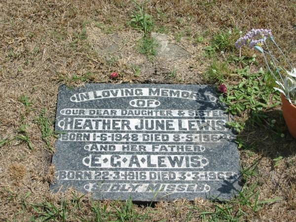 Heather June Lewis  | Born 1-6-1948 died 8-5-1964  | and her father  | E G A Lewis  | Born 22-3-1916 died 3-3-1965  |   | Sherwood (Anglican) Cemetery, Brisbane  | 