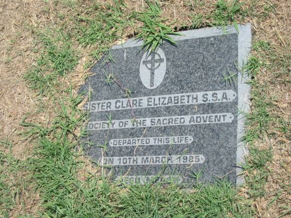Sister Clare Elizabeth  | 10 Mar 1985  |   | Sherwood (Anglican) Cemetery, Brisbane  | 