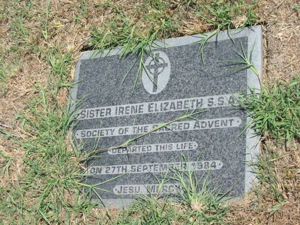 Sister Irene Elizabeth  | 27 Sep 1984  |   | Sherwood (Anglican) Cemetery, Brisbane  | 