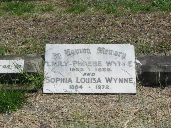 Emily Phoebe WYNNE  | 1902-1939  | Sophia Louisa WYNNE  | 1884 - 1972  |   | Sherwood (Anglican) Cemetery, Brisbane  | 