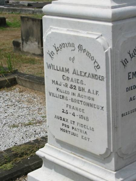 William Alexander CRAIES  | 25-4-1918  |   | Sherwood (Anglican) Cemetery, Brisbane  |   | 