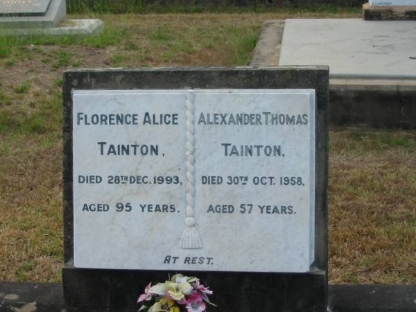 Florence Alice TAINTON  | 28 Dec 1993 aged 95  | Alexander Thomas TAINTON  | 30 Oct 1958 aged 57  |   | Sherwood (Anglican) Cemetery, Brisbane  |   | 