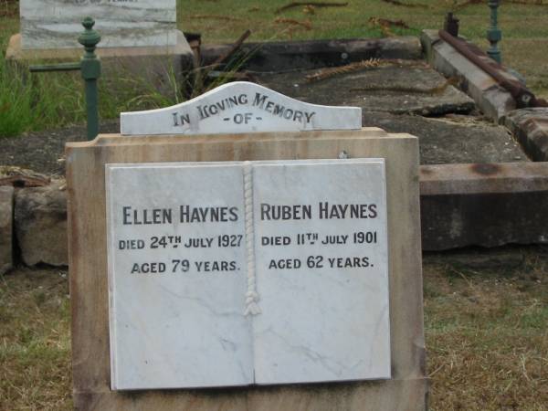 Ellen HAYNES  | 24 Jul 1927 aged 79  | Ruben HAYNES  | 11 Jul 1901 aged 62  |   | Sherwood (Anglican) Cemetery, Brisbane  |   | 