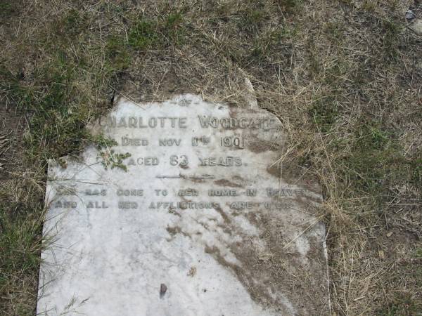 Charlotte WOODGATE  | 11 Nov 1901 aged 83  |   | Sherwood (Anglican) Cemetery, Brisbane  |   | 