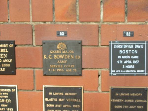 K.C. SOWDEN  | 7-4-1986 aged 75  |   | Sherwood (Anglican) Cemetery, Brisbane  |   | 