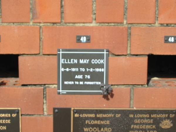 Ellen May COOK  | 6-6-1911 to 1-2-1988  | age 76  |   | Sherwood (Anglican) Cemetery, Brisbane  |   | 