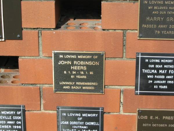 John Robinson HEERS  | 5-1-34 to 18-1-95  | 61 yrs  |   | Sherwood (Anglican) Cemetery, Brisbane  |   | 