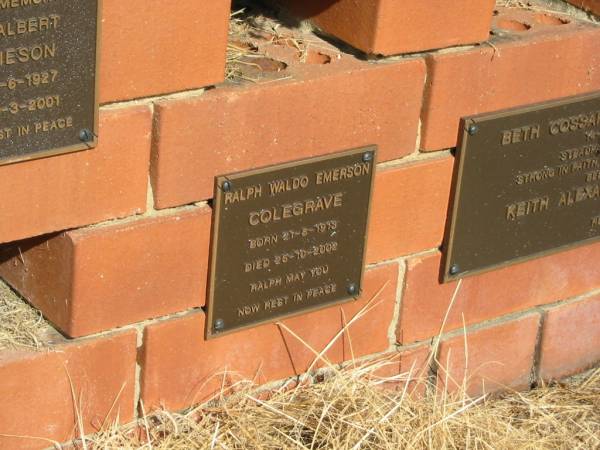 Ralph Waldo Emerson COLEGRAVE  | born 21-8-1913  | died 25-10-2002  |   | Sherwood (Anglican) Cemetery, Brisbane  | 