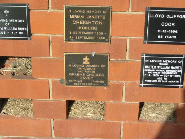 Graeme Charles DAVEY  | 12-7-43 to 17-5-99  |   | Sherwood (Anglican) Cemetery, Brisbane  | 