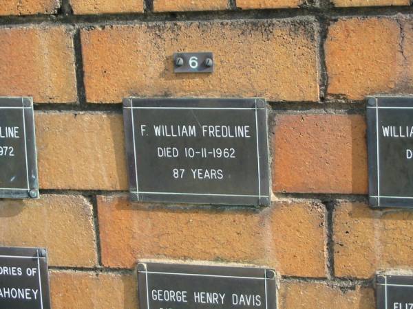 F William FREDLINE  | 10-11-1962  | aged 87 yrs  |   | Sherwood (Anglican) Cemetery, Brisbane  | 