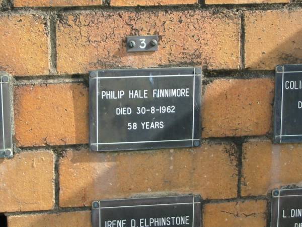 Philip Hale FINNIMORE  | 30-8-1962  | 58 yrs  |   | Sherwood (Anglican) Cemetery, Brisbane  | 