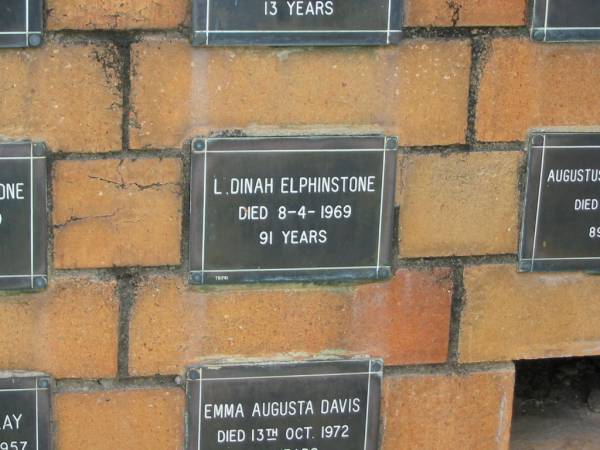 L Dinah ELPHINSTONE  | 8-4-1969  | 91 yrs  |   | Sherwood (Anglican) Cemetery, Brisbane  | 