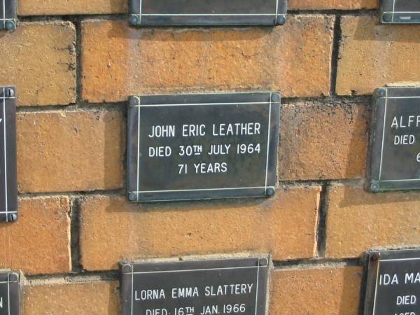 John Eric LEATHER  | 30 Jul 1964  | 71 yr  |   | Sherwood (Anglican) Cemetery, Brisbane  | 