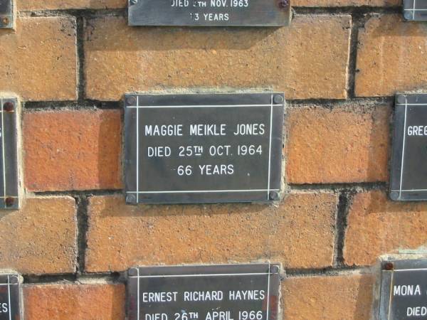 Maggie Meikle JONES  | 25 Oct 1964  | 66 yrs  |   | Sherwood (Anglican) Cemetery, Brisbane  | 