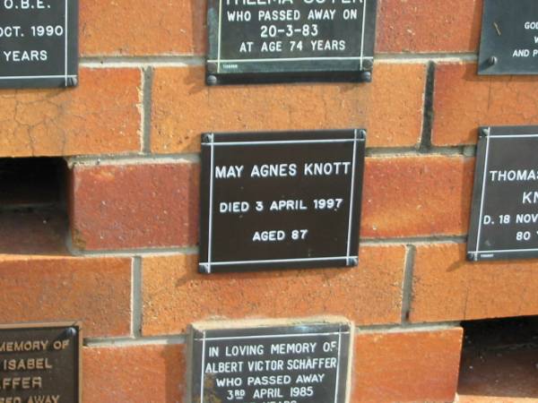 May Agnes KNOTT  | 3 Apr 1997  | aged 87  |   | Sherwood (Anglican) Cemetery, Brisbane  | 