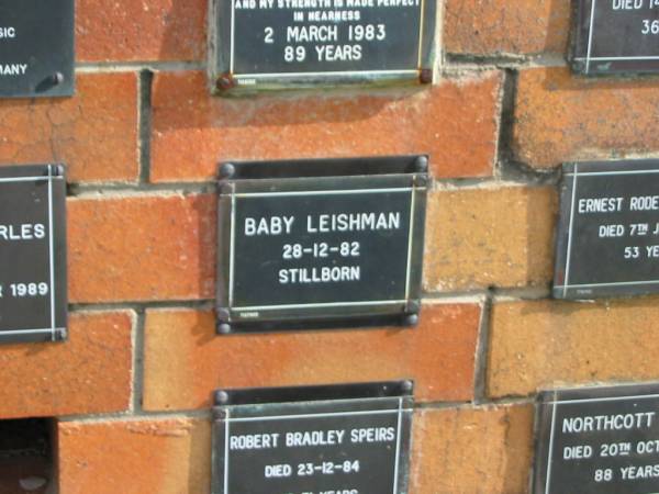 Baby LEISHMAN  | 28-12-82  | stillborn  |   | Sherwood (Anglican) Cemetery, Brisbane  | 