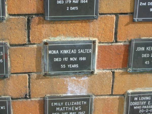 Mona Kinkead SALTER  | 1 Nov 1981  | 55 yrs  |   | Sherwood (Anglican) Cemetery, Brisbane  | 