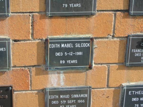 Edith Mabel SILCOCK  | 5-12-1981  | 89 yrs  |   | Sherwood (Anglican) Cemetery, Brisbane  | 