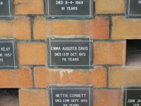 Emma Augusta DAVIS  | 13 Oct 1972  | 76 yrs  |   | Sherwood (Anglican) Cemetery, Brisbane  | 